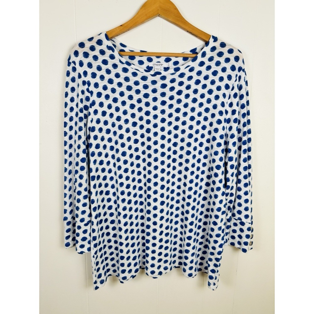 Chico's White Long Sleeve Blouse with Blue Polka Dots